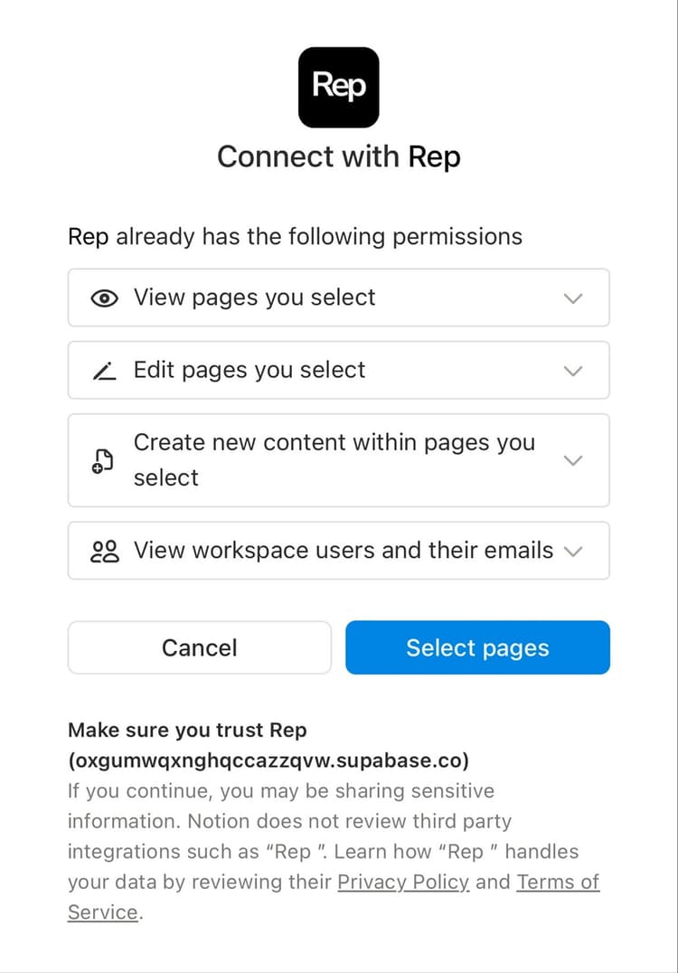 Connect with Rep — Notion permissions